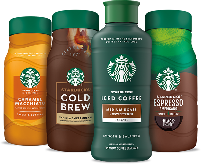 Grouping of Starbucks Cold Brew, Iced Coffee, and Iced Espresso Bottles