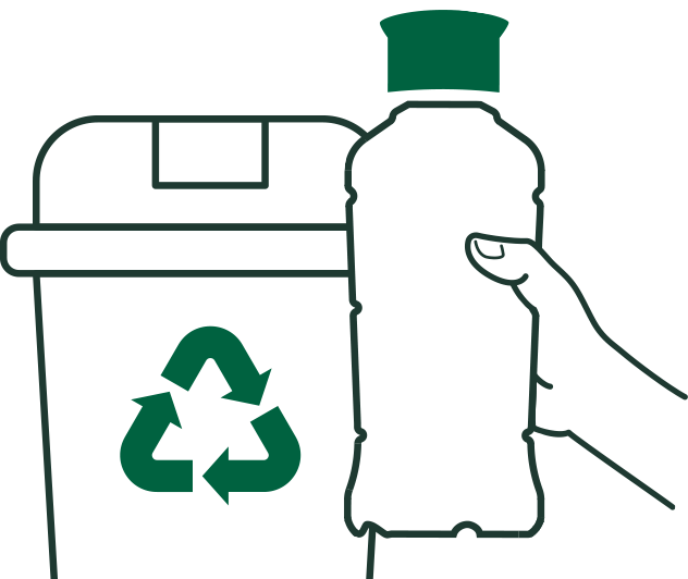 Line image of hand holding bottle in front of a recycling bin.