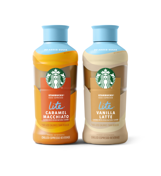 Starbucks Iced Espresso Lite Caramel Macchiato and Vanilla Latte bottles.