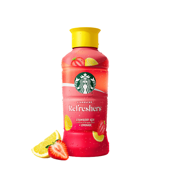 Starbucks Refreshers Strawberry Acai Lemonade bottle with fresh strawberries and lemon slices.